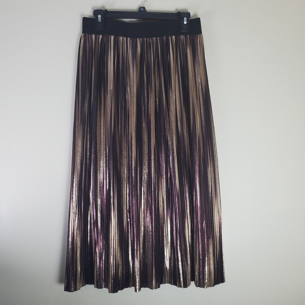 Alice And Olivia Mikaela Metallic Midi Pleated Skirt Gold Bronze Size 8 Lined